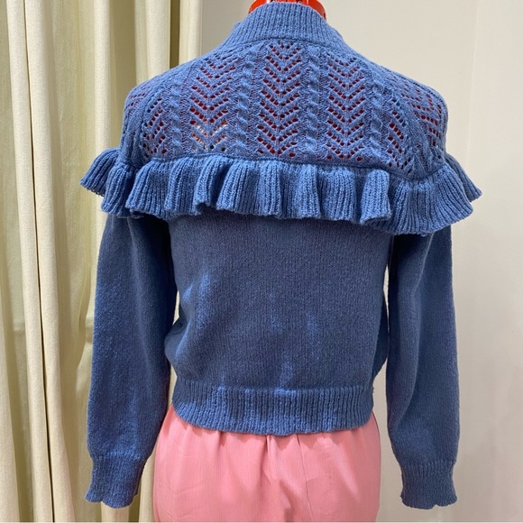 Ruffled Sweater, Blue, Crochet Top, Ruffles, Fitted, Women's (US S) - Picture 3 of 9